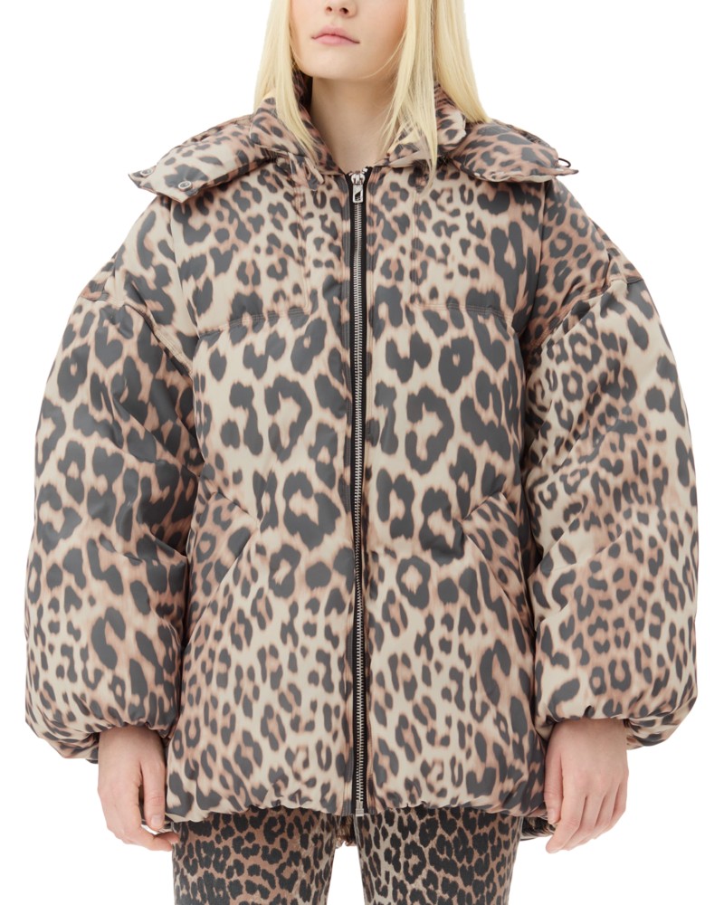 Ganni Leopard Puffer Down Jacket in Almond Milk