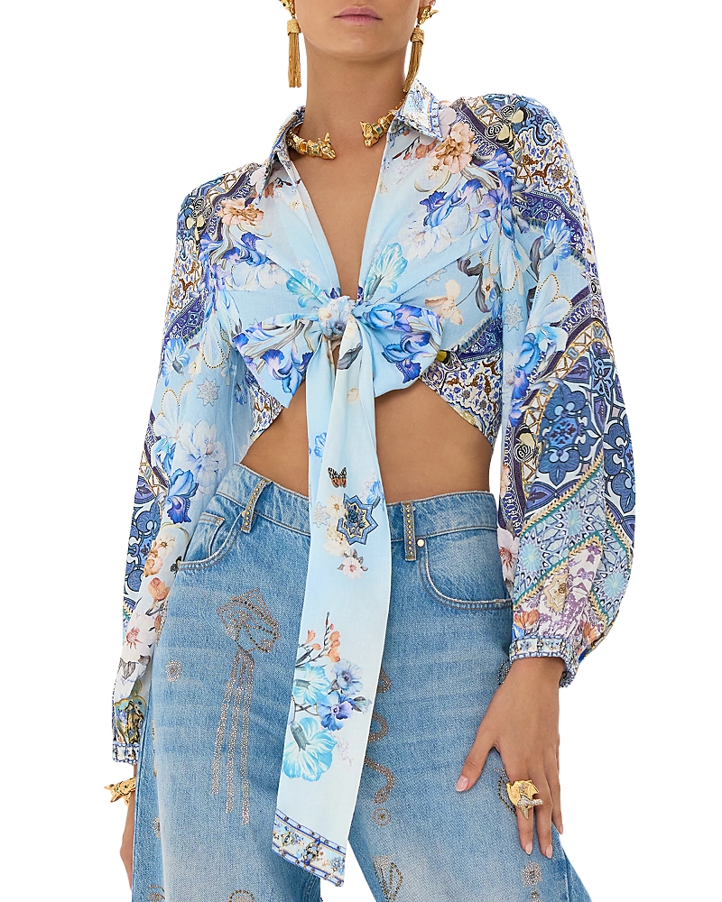 Camilla Linen Cropped Wrap Shirt in Al Manial Palace Memoirs