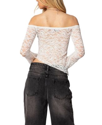Asymmetric Sheer Lace Off Shoulder Top