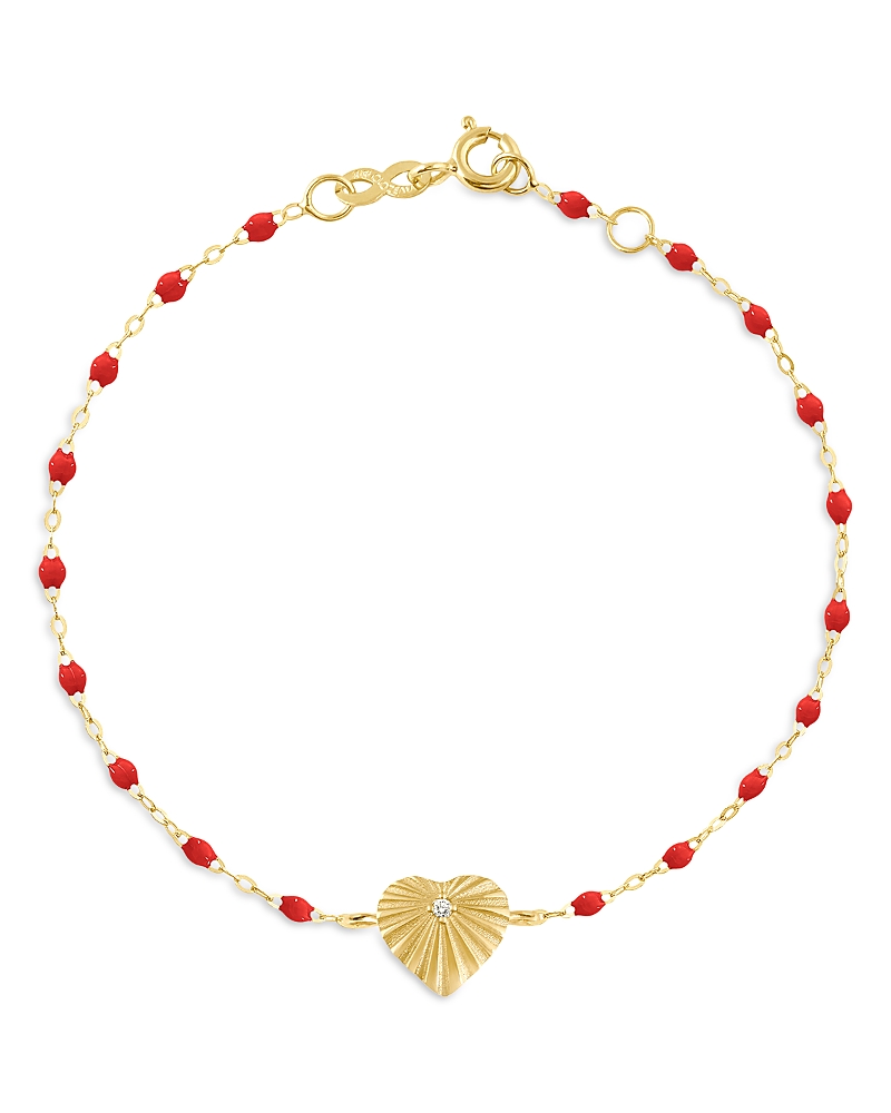 Shop Gigi Clozeau 18k Yellow Gold Heart Lumiere Diamond & Red Bead Sunray Heart Charm Bracelet In Red/gold