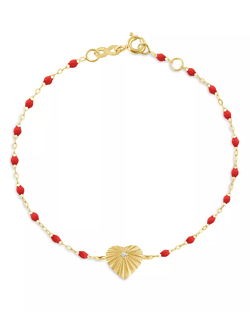 Gigi Clozeau 18K Yellow Gold Heart Lumiere Diamond & Red Bead Sunray Heart Charm Bracelet