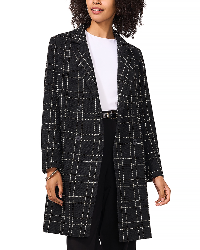 Vince Camuto Women's Windowpane-plaid Long Jacket In Rich Black