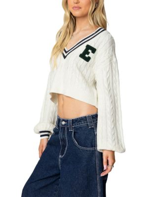 Collegiate Cropped Cable Knit Sweater