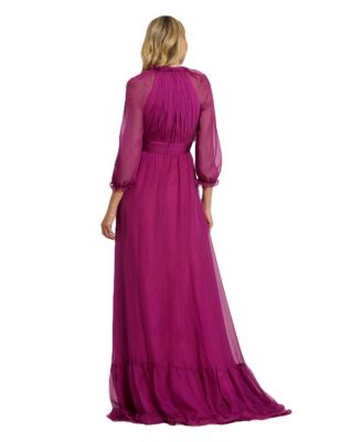 Chiffon Ruched Illusion Raglan Sleeve Ruffled Gown