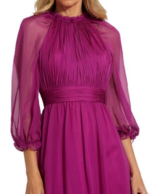 Chiffon Ruched Illusion Raglan Sleeve Ruffled Gown