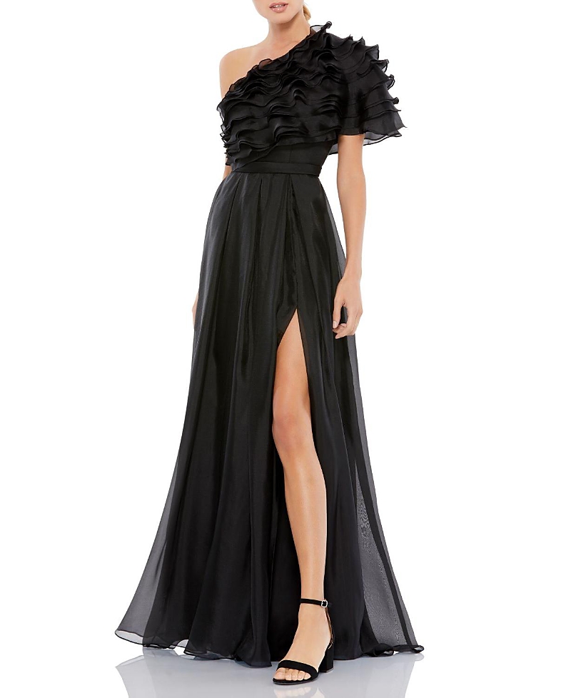 Mac Duggal Ruffle One-shoulder Gown In Black