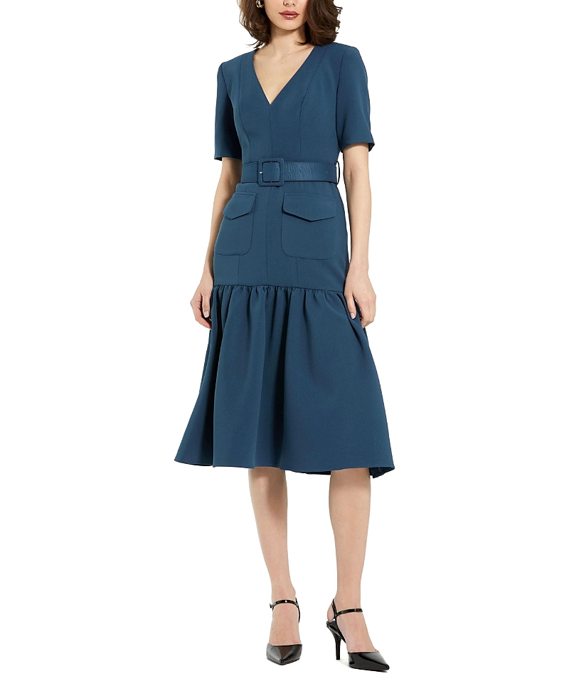 Mac Duggal Belted Crepe Midi Dress With Pockets In Deep Blue