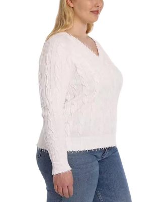  Plus Size Cotton Frayed Cable Cardigan