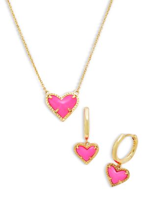 Ari Pink Heart Pendant Necklace & Matching Stud Earrings, Set of 2