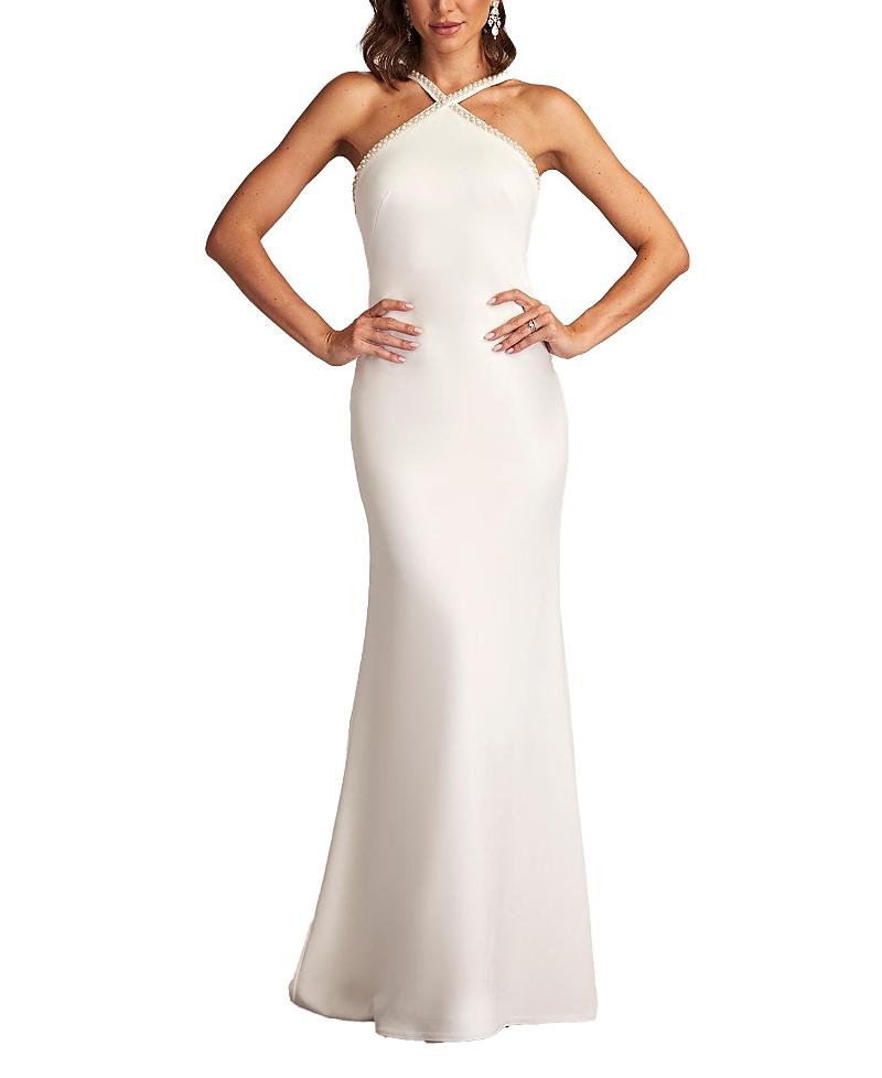 Tadashi Shoji Sicily Pearl Trim Halter Gown