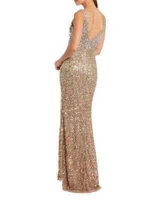 Sequined Sleeveless V Neck Side Slit Gown