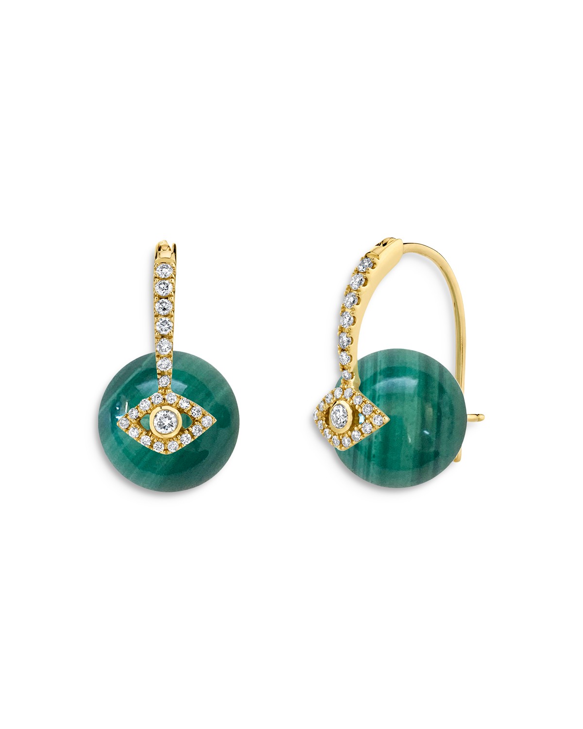 14K Yellow Gold Malachite & Diamond Bezel Evil Eye Earrings