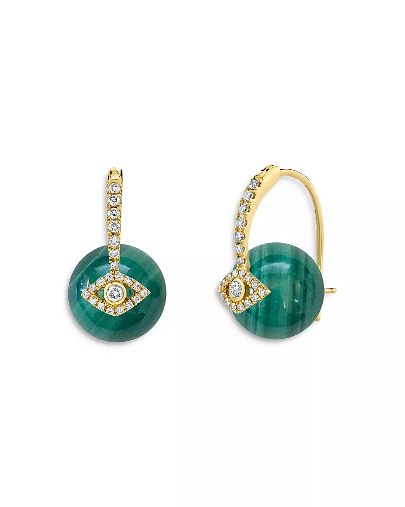 Sydney Evan 14K Yellow Gold Malachite & Diamond Bezel Evil Eye Earrings