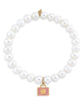 Wicked x Sydney Evan 14K Yellow Gold Glinda Pink Sapphire Luggage Charm Freshwater Pearl Bracelet