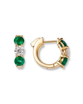 14K Yellow Gold Emerald & Diamond Hoop Earrings