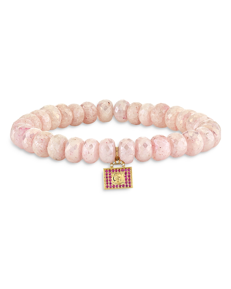 Sydney Evan 14k Yellow Gold Glinda Luggage Charm Pink Beaded Bracelet In Pink/gold