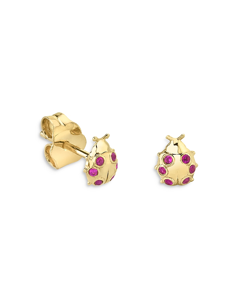 Sydney Evan 14k Yellow Gold Ruby Tiny Ladybug Stud Earrings In Pink/gold