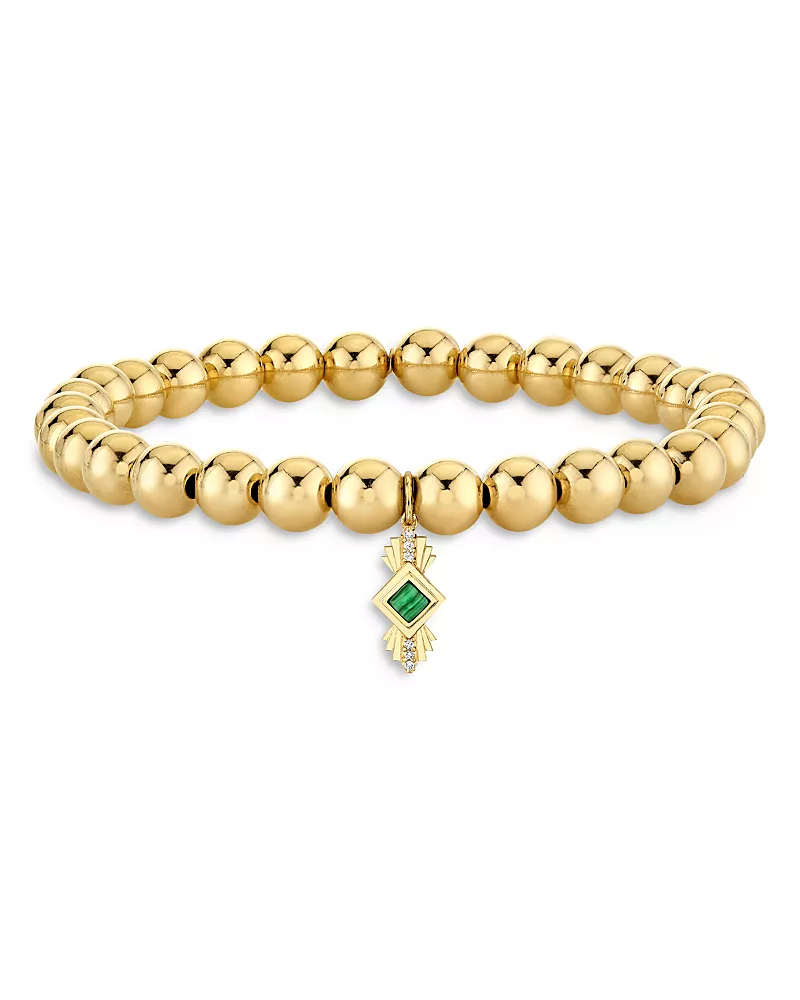 Sydney Evan Wicked x Sydney Evan 14K Yellow Gold Diamond & Malachite Art Deco Charm Stretch Bracelet