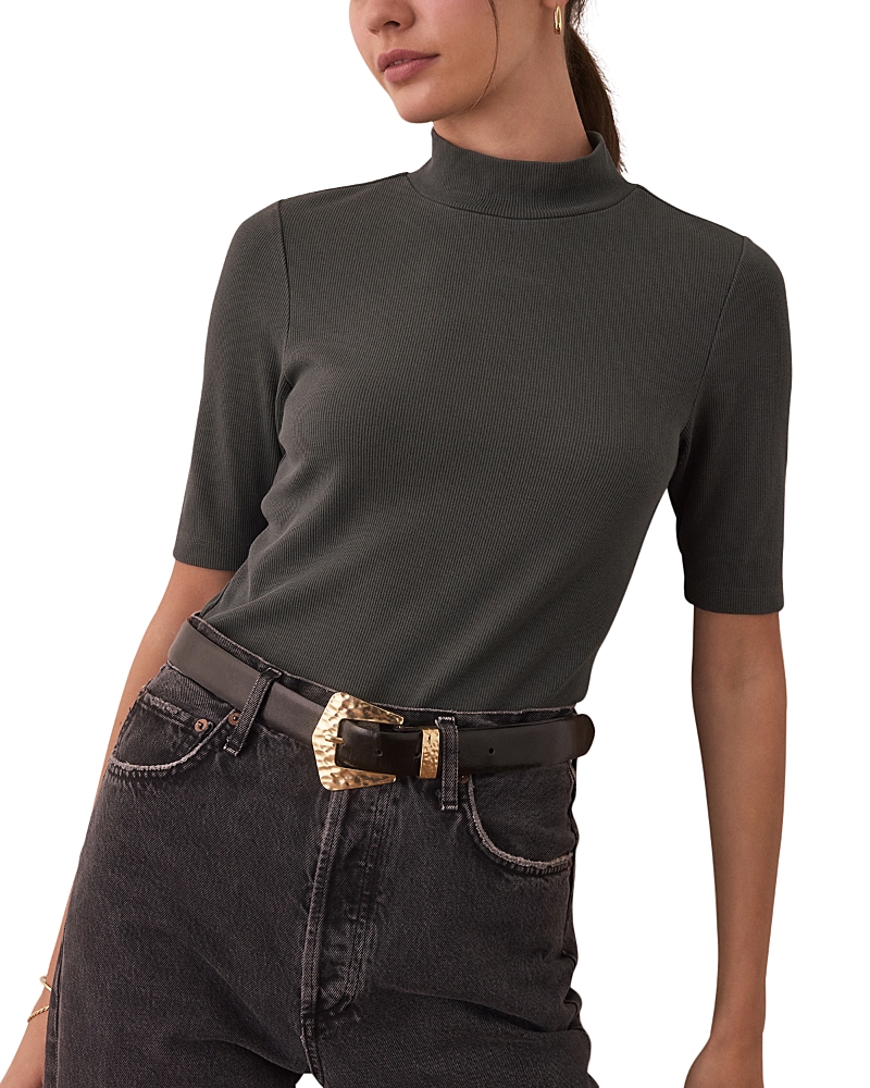 Marine Layer Lexi Short Sleeve Mock Neck Rib Top In Greengable