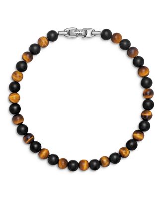 Men's Spiritual Beads Alternating Bracelet in Sterling Silver with Black Onyx and Tigers Eye, 6mm