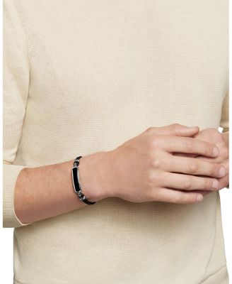 Men's Exotic Stone Station Black Leather Bracelet with Black Onyx