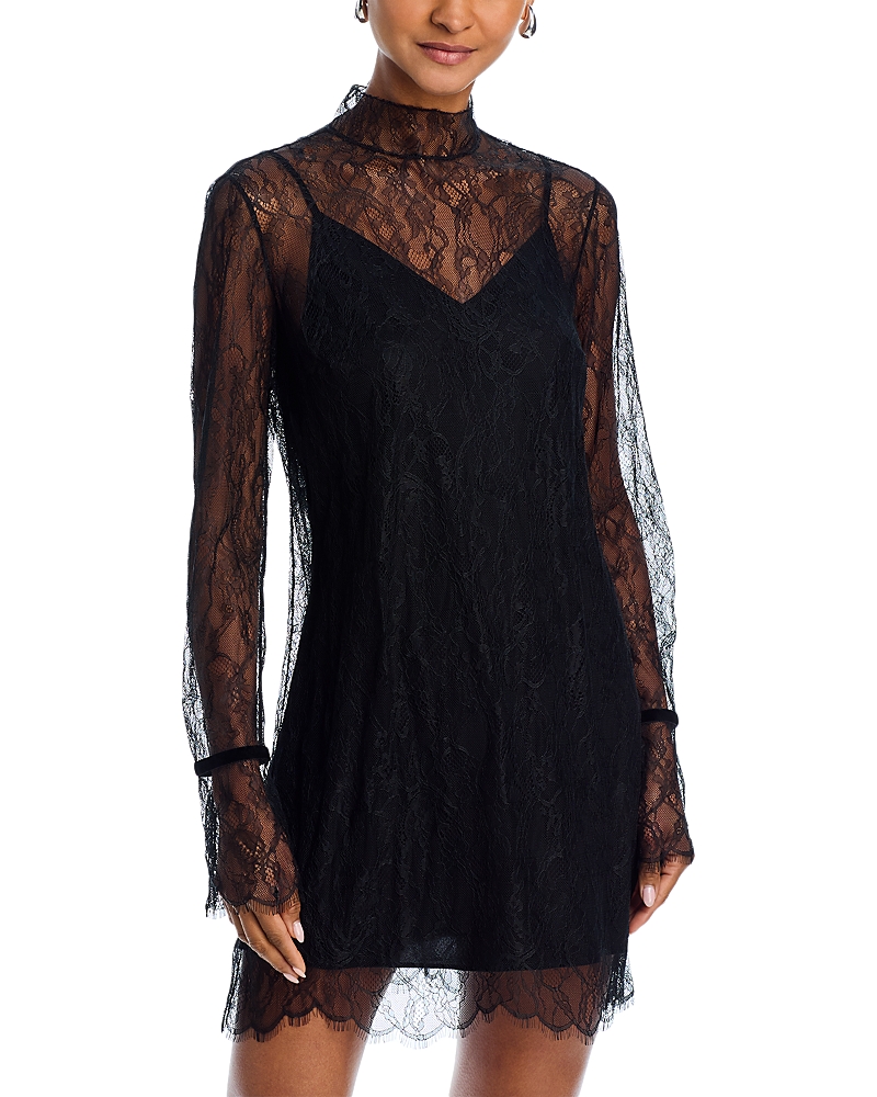 Frame Long-sleeve Lace Mini Dress In Black
