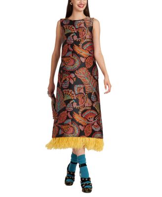 La DoubleJ - Column Dress (With Feathers) Jacquard Sicomore Black