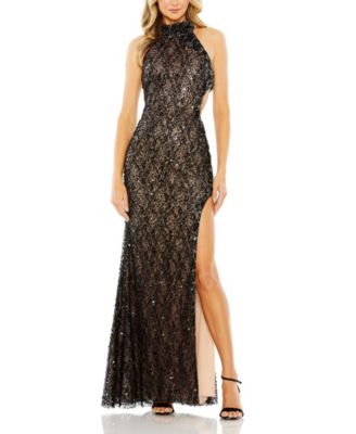 Mac Duggal - Side Cut Out High Slit Sequin Detail High Neck Gown