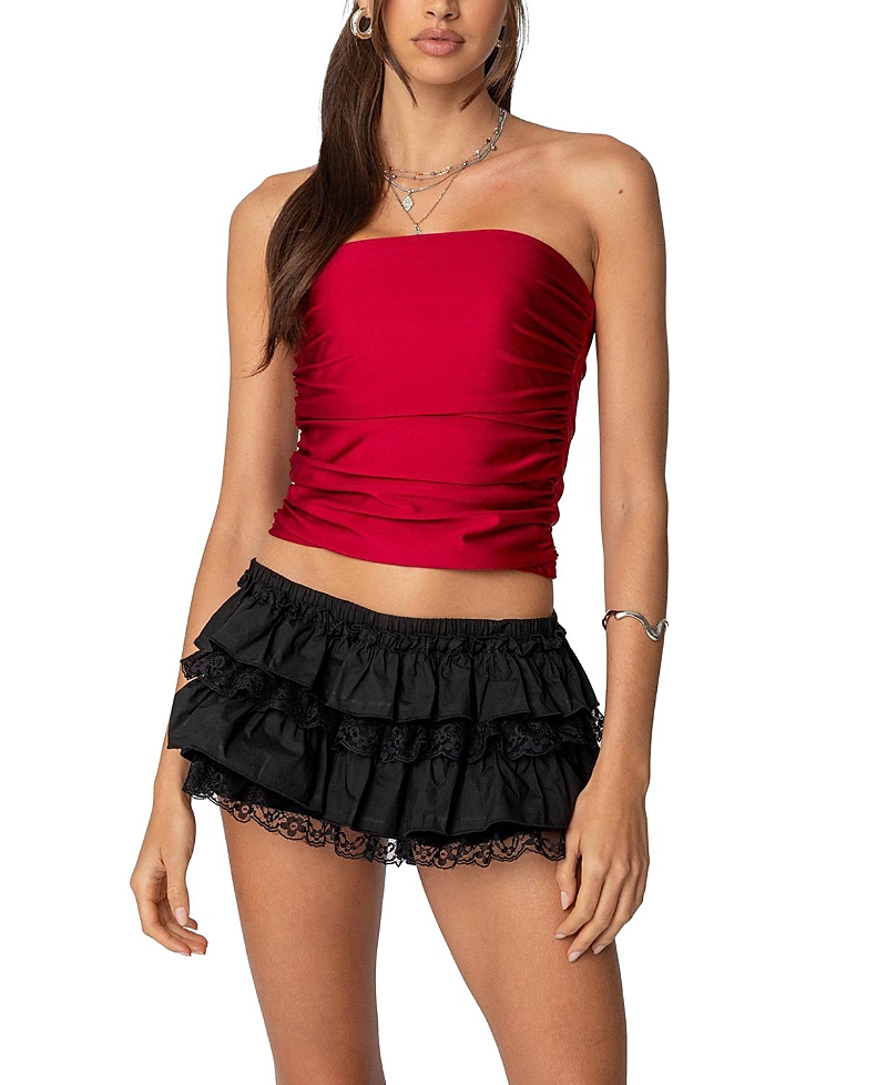 Edikted Maxeen Shiny Ruched Tube Top In Burgundy