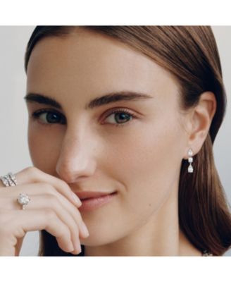  Three Stone Drop Earrings in 14K White Gold, 2.0ctw Round Brilliant & Pear Lab Grown Diamonds