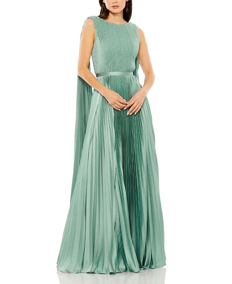 Mac Duggal Sleeveless High Neck Cape Back Heat Pleated Gown In Sage