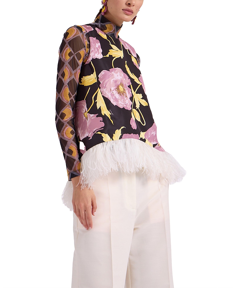La Doublej La Double J Floral Print Top With Feather Trim In Sylph Black