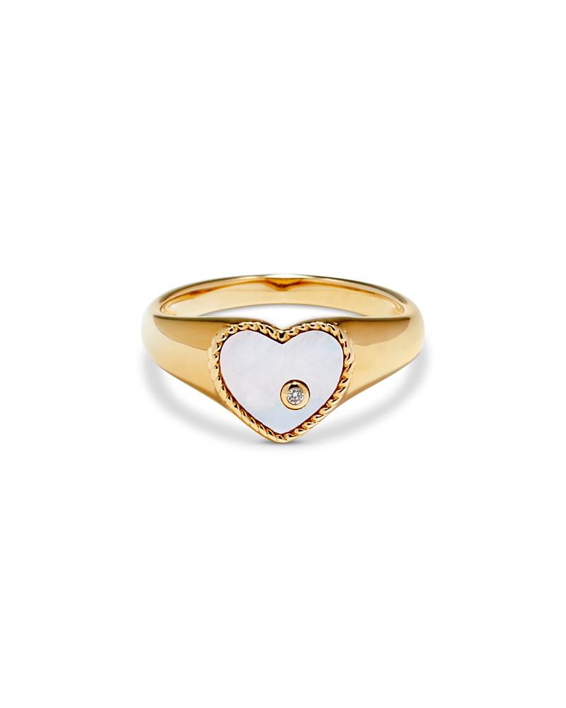 Yvonne Léon 9k Yellow Gold Diamond & Mother Of Pearl Heart Signet Ring In White/gold