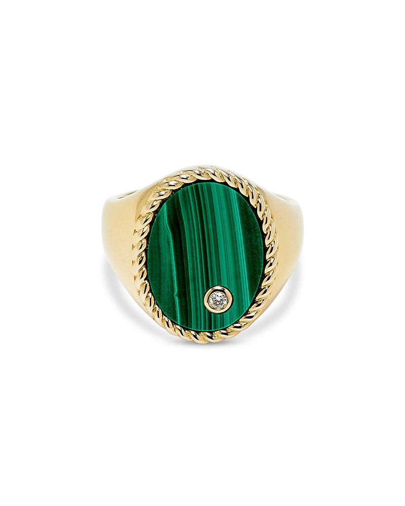 Yvonne Léon 9k Yg Malachite Oval 9ct Yellow Gold, 0.015ct Diamond And Malachite Signet Ring In Green/gold