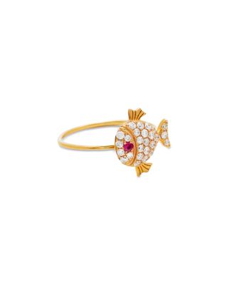 18K Yellow Gold Grey Diamond & Ruby Little Fish Ring