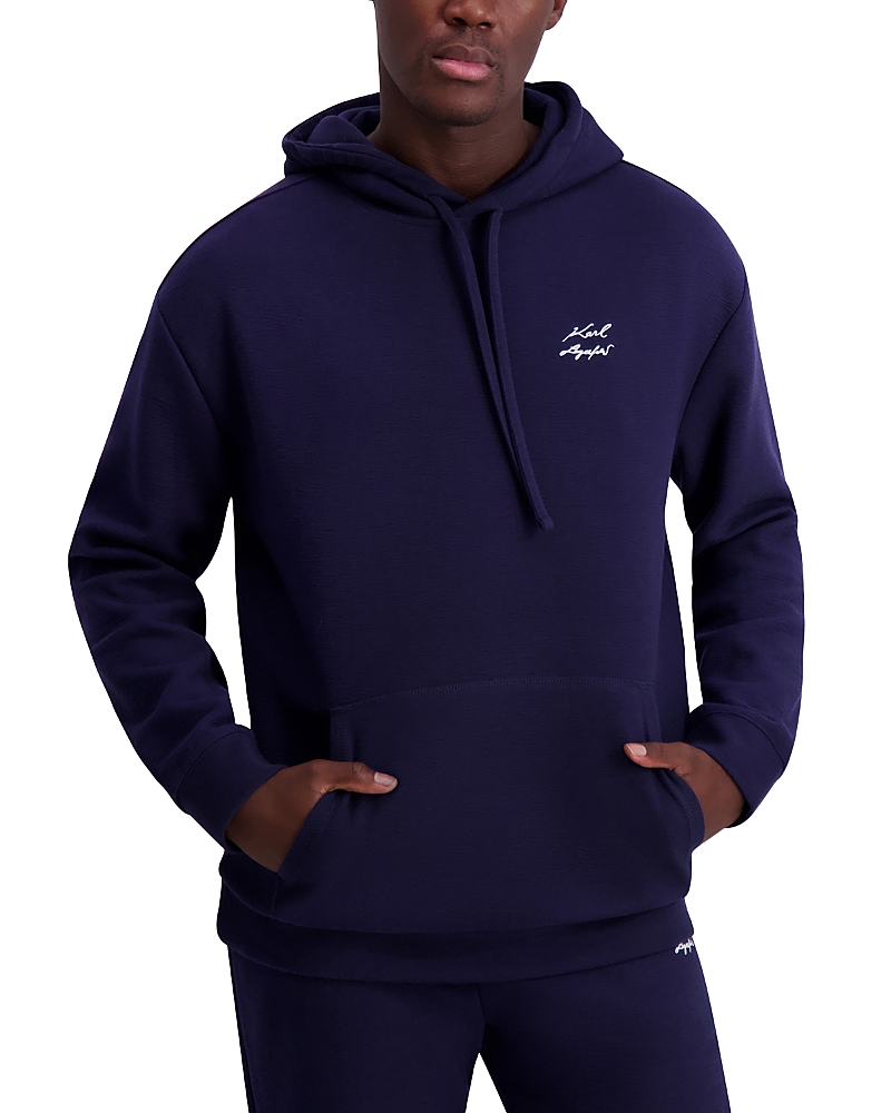 Karl Lagerfeld Men's Slim Fit Heavyweight Fleece Signature Logo Hoodie In Navy