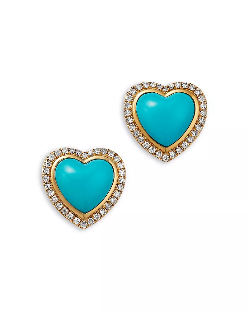 Bloomingdale's Fine Collection Turquoise & Diamond Heart Stud Earrings in 14K Yellow Gold