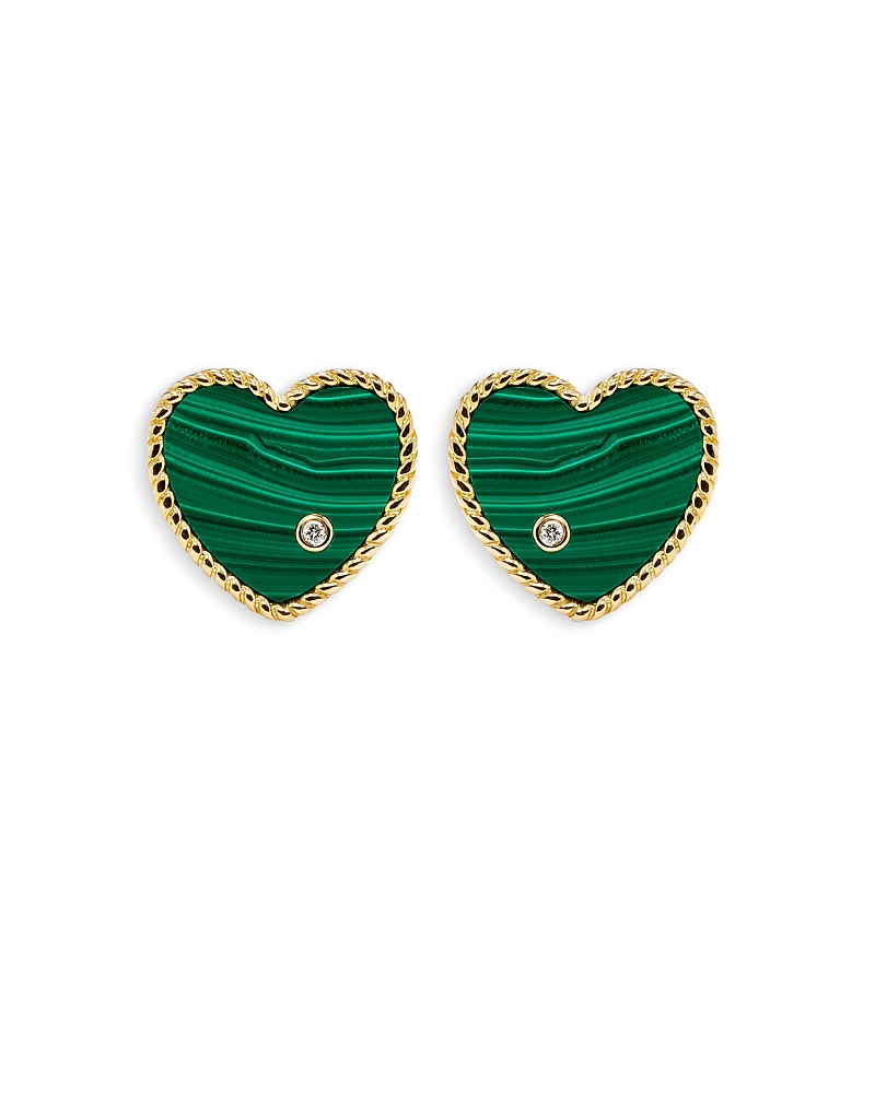 Yvonne Léon 9k Yellow Gold Paire De Baby Puces Coeur Malachite & Diamond Heart Stud Earrings In Green/gold