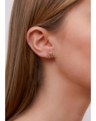 18K Yellow Gold Paire de Mini Puces Soleil Citrine & Gray Diamond Sun Stud Earrings