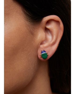 9K Yellow Gold Paire de Mini Puces Scarabee Multi Gemstone & Multi Diamond Scarab Stud Earrings