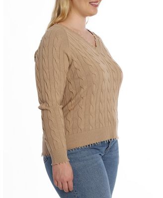 Plus size Cotton Frayed Cable Long Sleeve V Neck Sweater Top