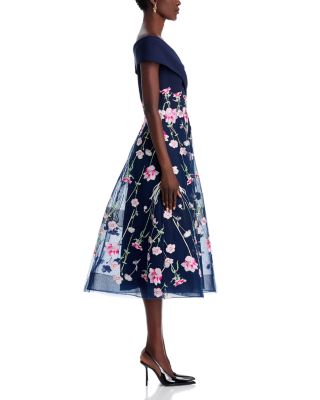 Crepe Off-the-Shoulder Embroidered Tulle Dress