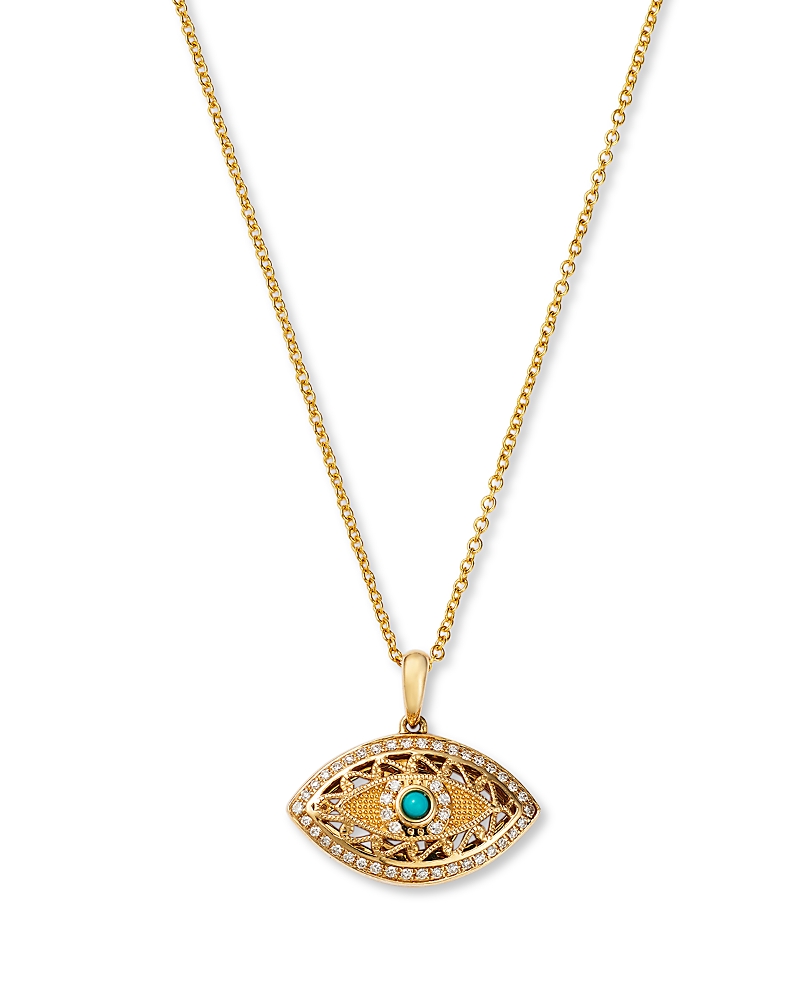 Bloomingdale's Fine Collection Turquoise & Diamond Evil Eye Pendant Necklace In 14k Yellow Gold, 18 In Gold