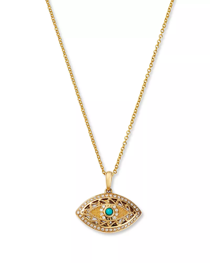 Bloomingdale's Fine Collection Turquoise & Diamond Evil Eye Pendant Necklace in 14K Yellow Gold, 18