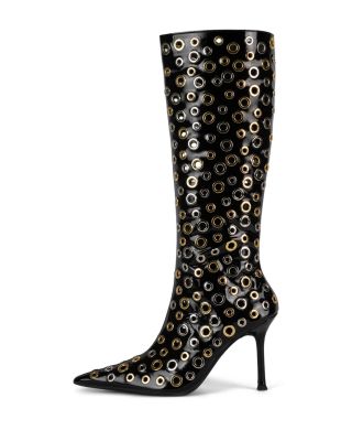 Women's Holey Pointed Toe Grommet Detail Tall High Heel Boots  