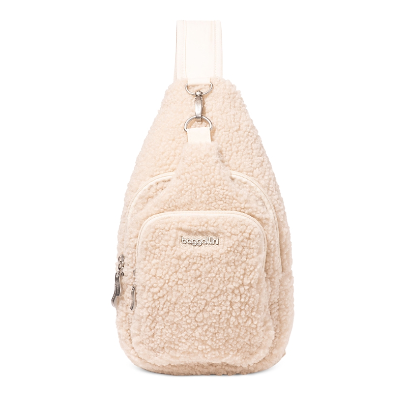 Baggallini Central Park Sling Bag In Winter White Faux Sherling