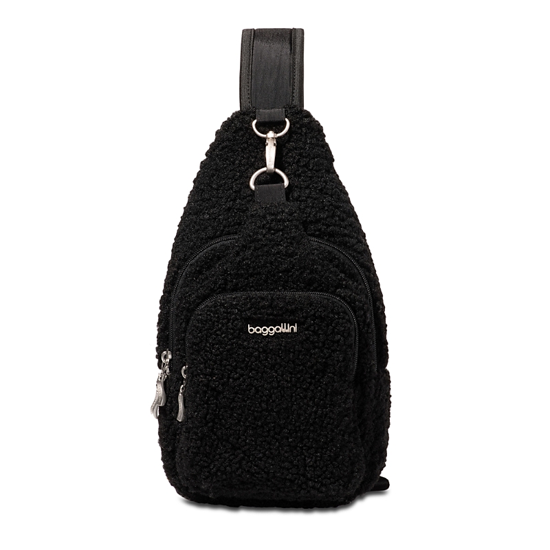 Baggallini Central Park Sling Bag In Black Faux Sherling