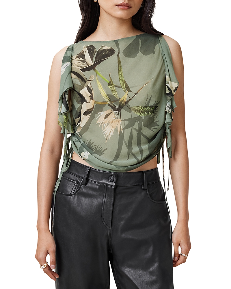 Allsaints Bettie Floral Print Adjustable Drawcord Top In Emerge Olive Green