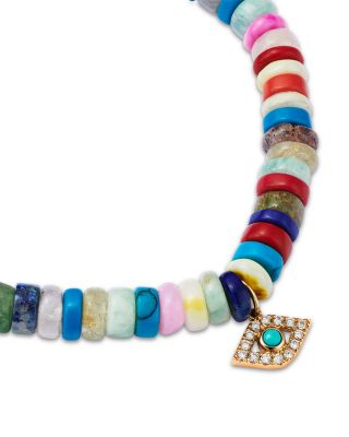 14K Yellow Gold Turquoise & Diamond Evil Eye Rainbow Heishi Bead Stretch Bracelet