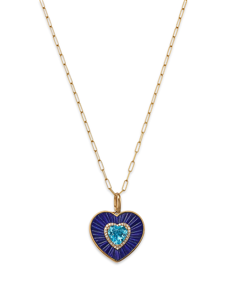 Bloomingdale's Fine Collection Blue Topaz, Lapis Lazuli & Diamond Heart Pendant Necklace In 14k Yellow Gold, 18 In Blue/gold